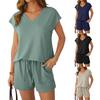 Women V Neck Short Sleeve Top and Shorts Set Casual Two Piece Outfits Soft Fabric Drawstring Waist Loungewear Suit
