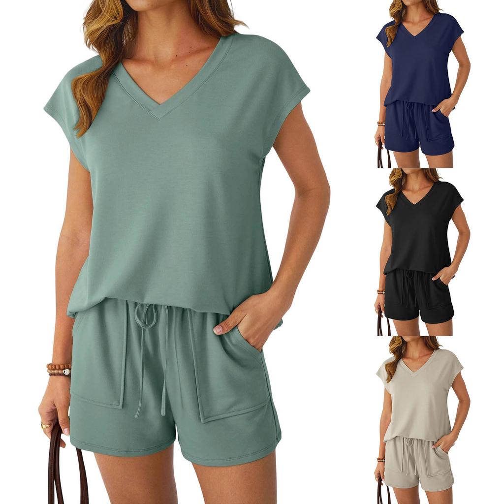 Women V Neck Short Sleeve Top and Shorts Set Casual Two Piece Outfits Soft Fabric Drawstring Waist Loungewear Suit