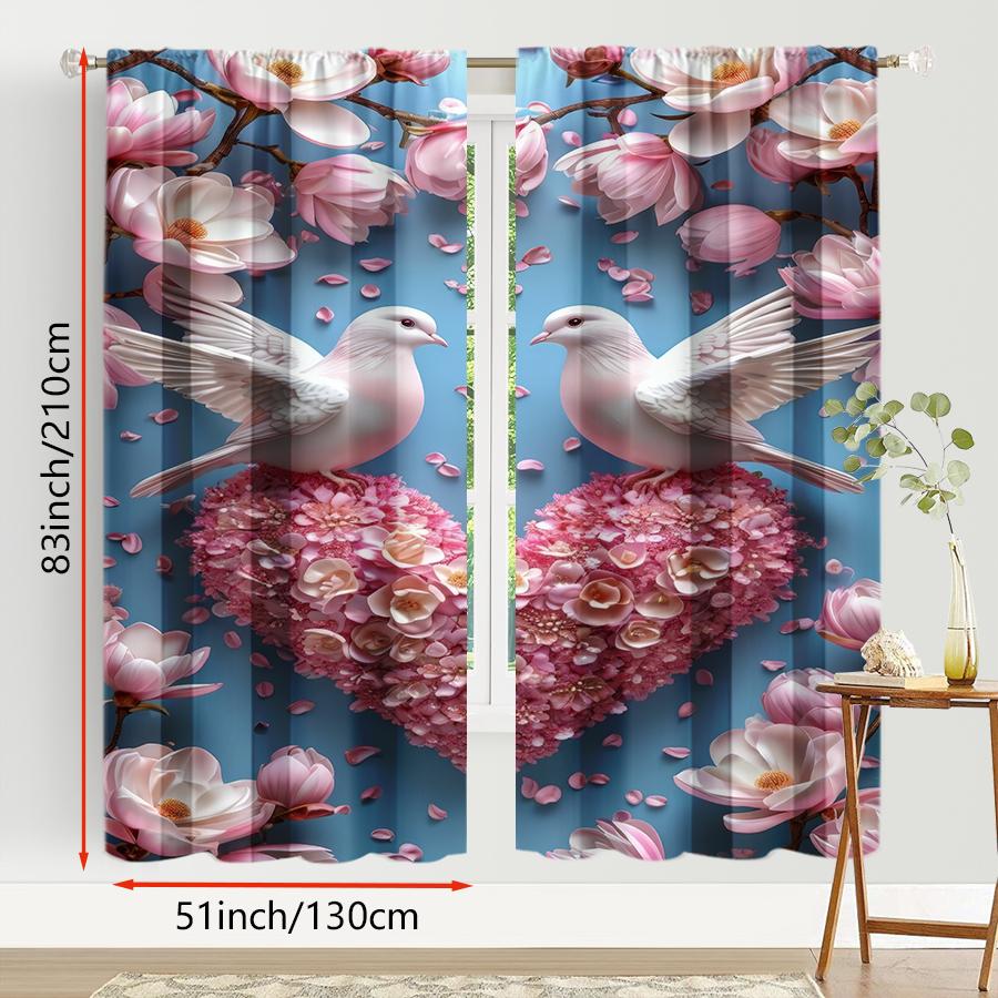 2PCS Blue Base Pink Flower White Dove Heart Curtains   Spring Blossoming Romance   Bedroom and Living Room   Pull up Pocket Style