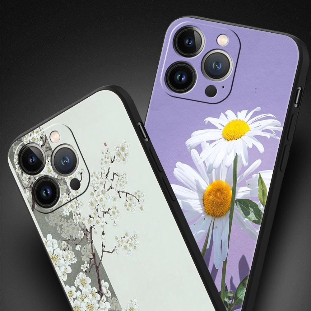 flower 12 Luxury Phone Case For iPhone 13 15 14 12 Mini 11 Pro MAX XR X SE XS 7 8 Plus Silicone Black Protection Cover