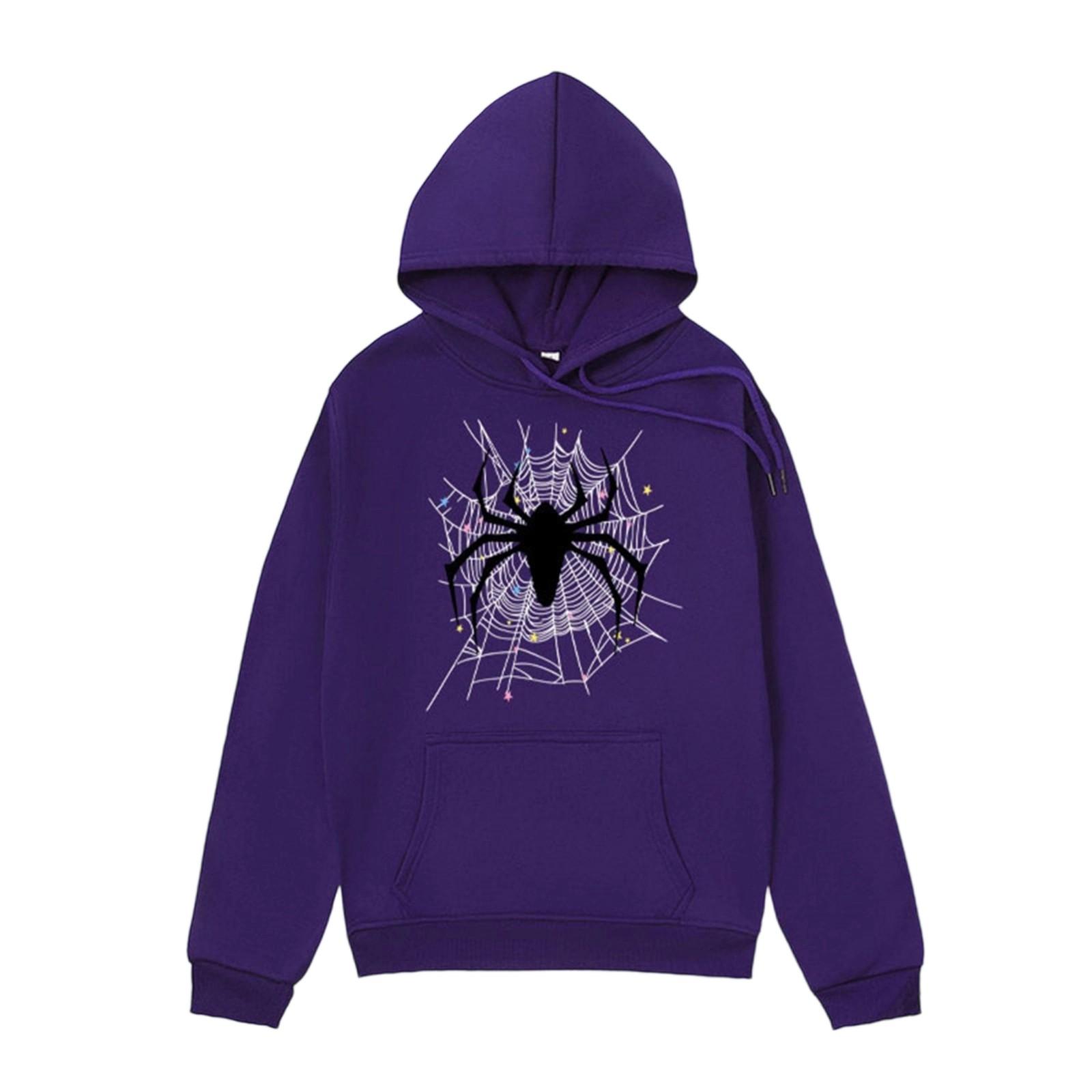 Pullover Hoodie with Web Print Drawstring Hood Long Sleeves Pocket Casual Fit Unisex Design Sweatshirt XL