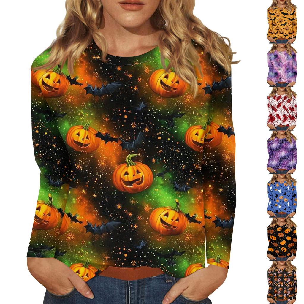 Women's Fashion Casual Halloween Printed Round Neck Long Sleeve Pullover Top