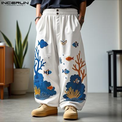 Men Casual Loose Elastic Waist Printing Long Pants Trousers with Pockets