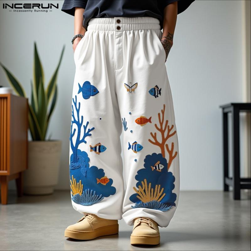 INCERUN Men Casual Loose Elastic Waist Printing Long Pants Trousers with Pockets