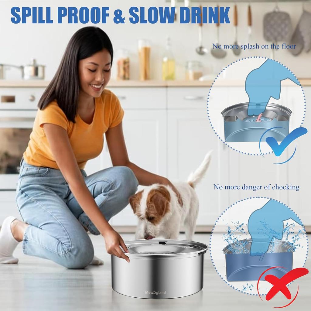 Dog Water Bowl, 3L Large No Spill Dog Bowls, Stainless Steel Water Bowl Dispenser Spilling Proof for Dogs, 101 Oz Non-Skid Pet Water Feeder,Slow