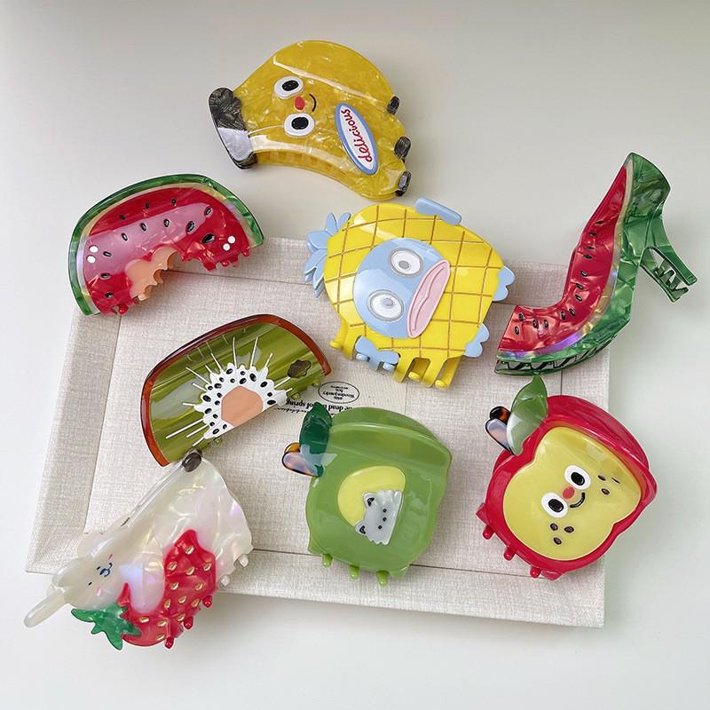 YHJ Fruit Series Hair Clips: Creative Watermelon, Apple, Strawberry Claw Clips In Acetate and Spliced Shark Design.