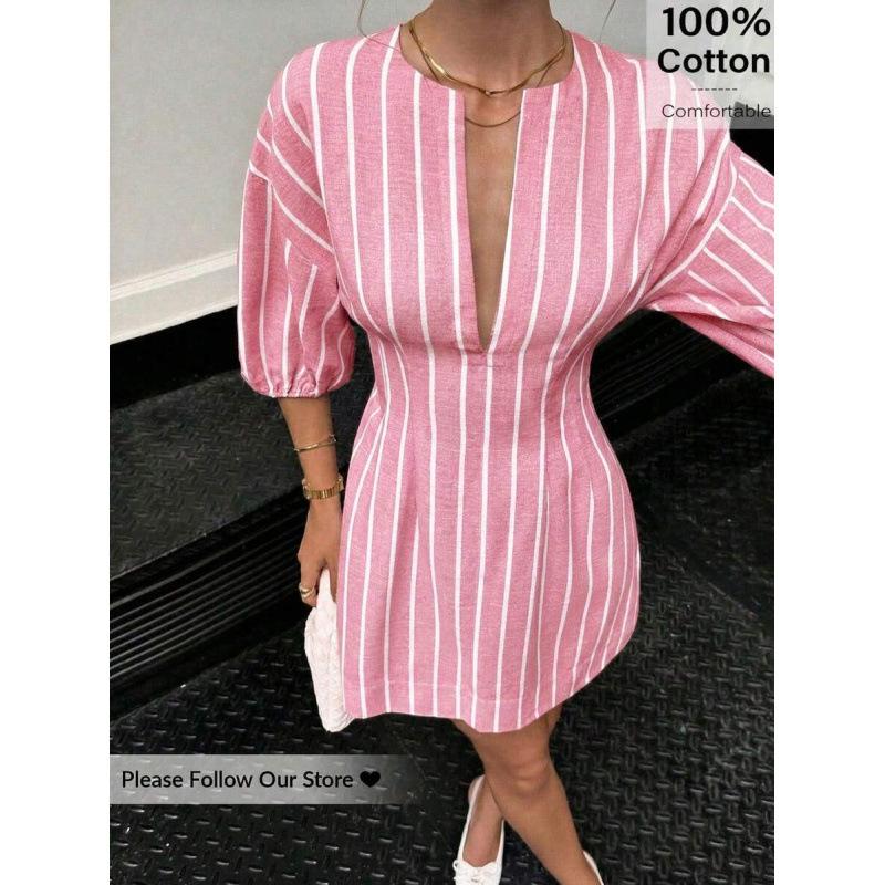 European summer new fashion striped bubble sleeve notched collar seven-quarter sleeve mini dress women XS