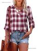 V-neck Long Sleeve Plaid Pullover Lapel Loose Fit Women's Shirt