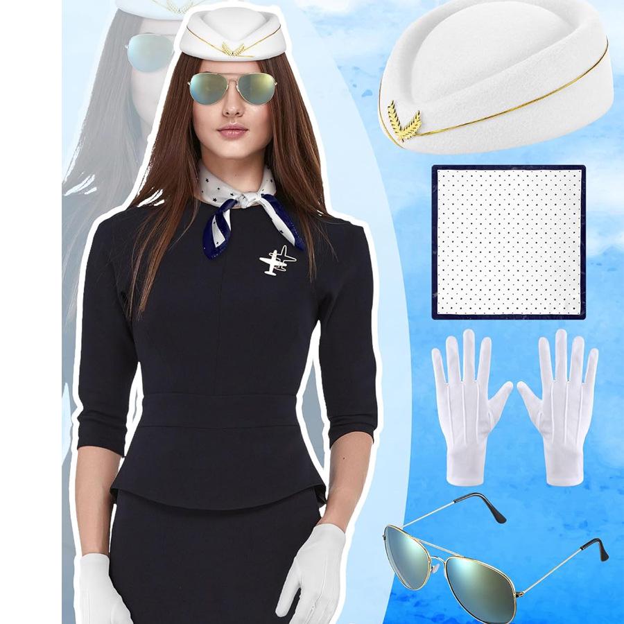 Cosplay Kostüm: Halloween Flugbegleiterin mit Brille, Hut, Handschuhen und Schal