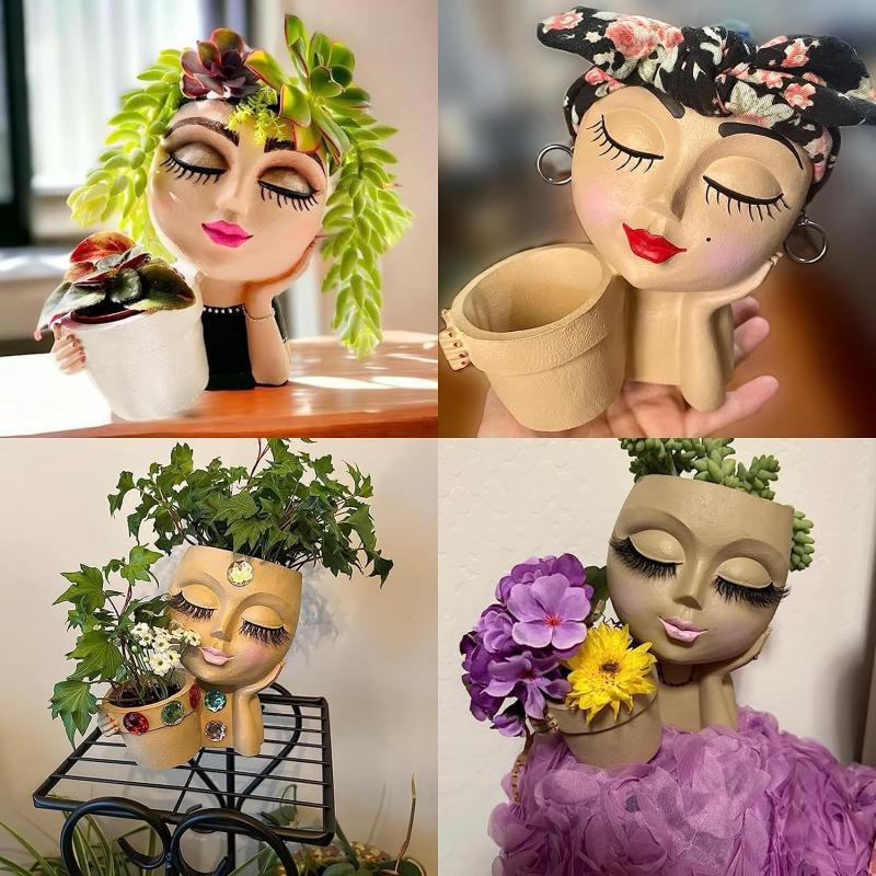 Girl Head Face Flowerpot White Resin DIY Figure Fleshiness Flower Pot with Leakage Hole Garden Pots & Planter Home Decoration