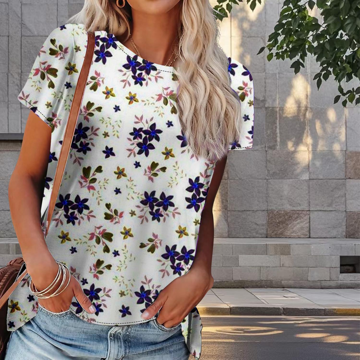 

Женская летняя футболка с цветочным принтом в стиле ретро, футболки с коротким рукавом, повседневные топы с принтом 5XL фиолетовый