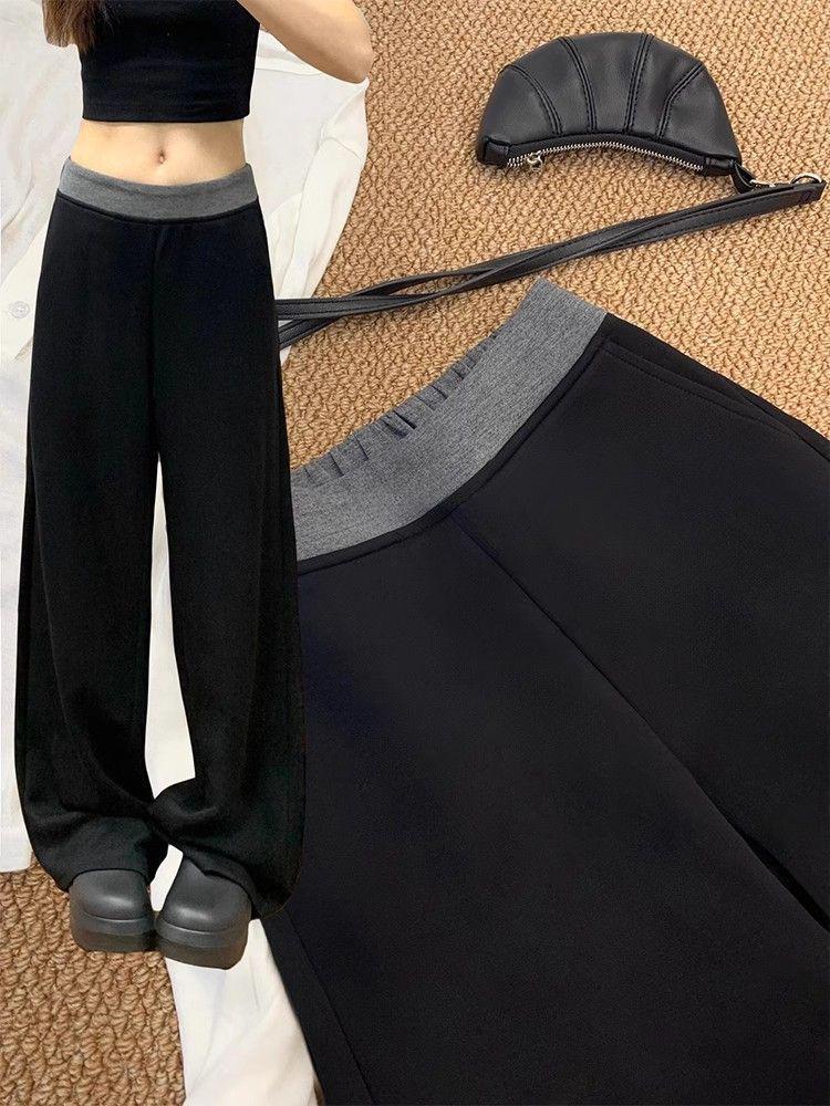 Women's Black Sports Sweatpants - Loose, Straight, Wide-Leg, Floor-Length, Slimming Drape, Spring Casual Wear