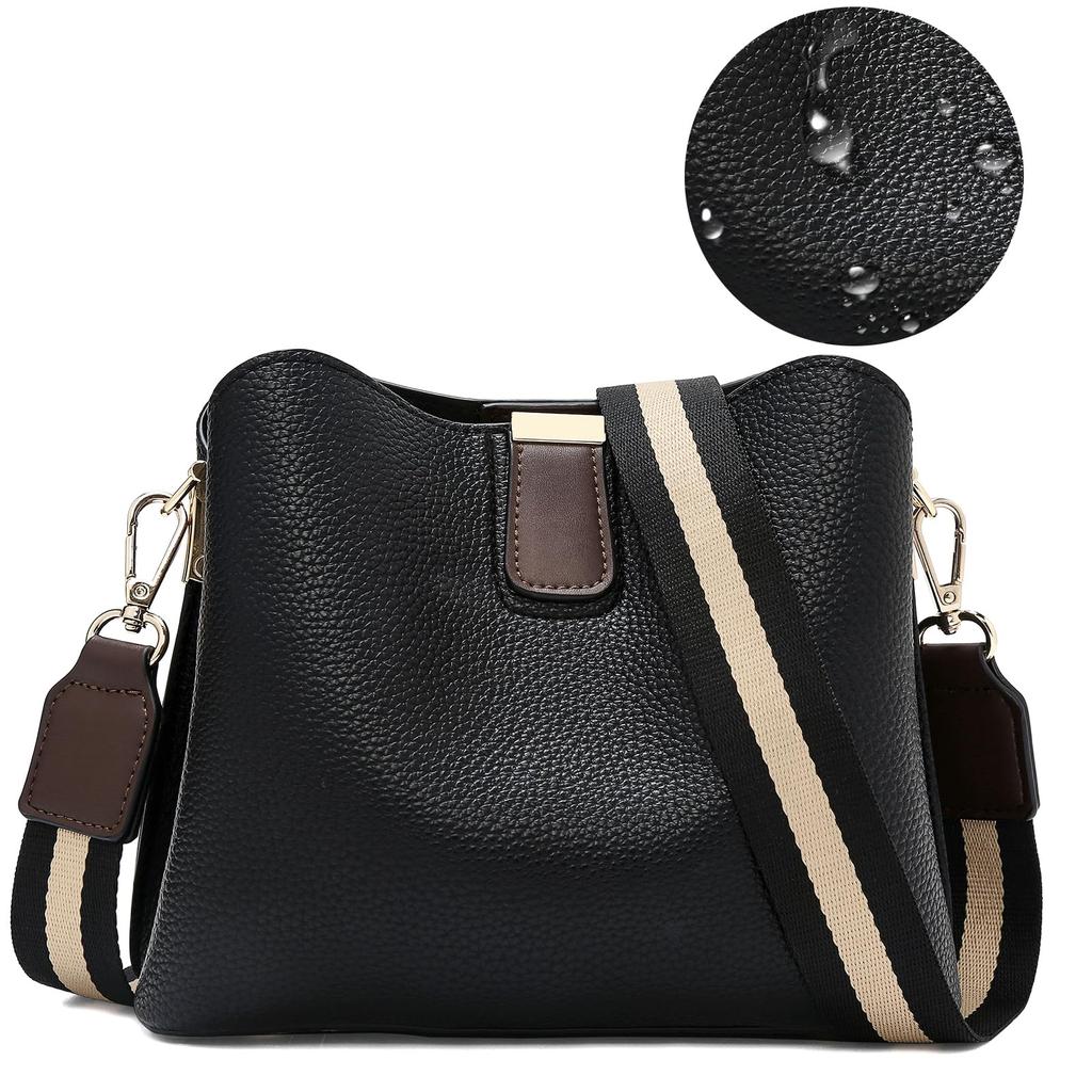 FOXLOVER Lichee Print Crossbody Bag for Vegan Leather Trendy Shoulder Handbag with Wide Black Women, Purse, Strap,