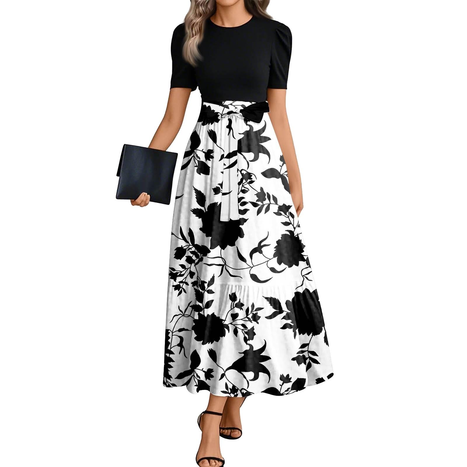 

Женские модные повседневные платья с поясом и круглым вырезом с коротким рукавом в цветочек в стиле пэчворк, элегантные платья XL белый