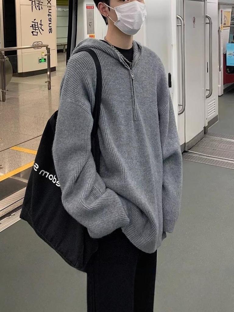 Herren Koreanischer Stil Halber Reißverschluss Kapuzenpullover, Kälteschutz, Lockerer Strick, Herbst-Winter Hochwertige Oberbekleidung.