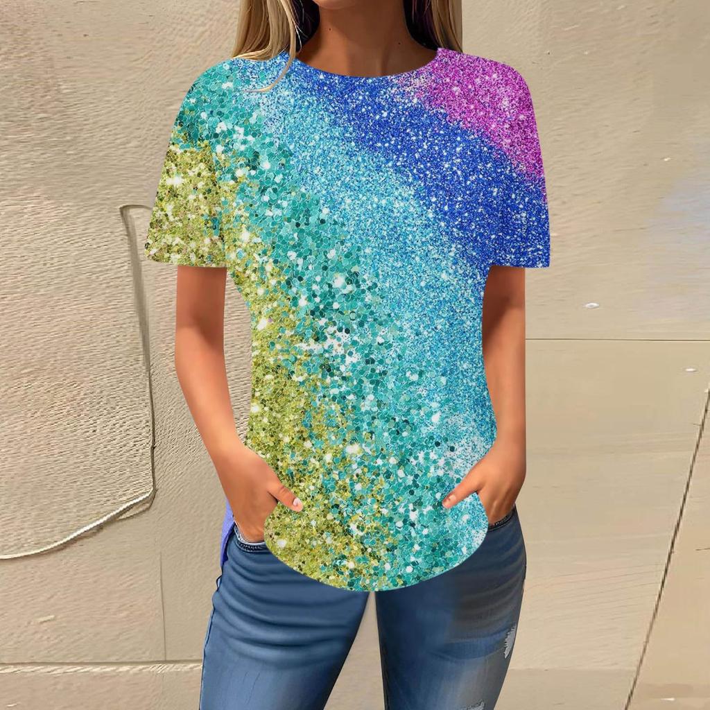 Summer Round Neck 3D Gradient Glitter Print Top Fashionable Casual Short Sleeved Women's T-shirts
