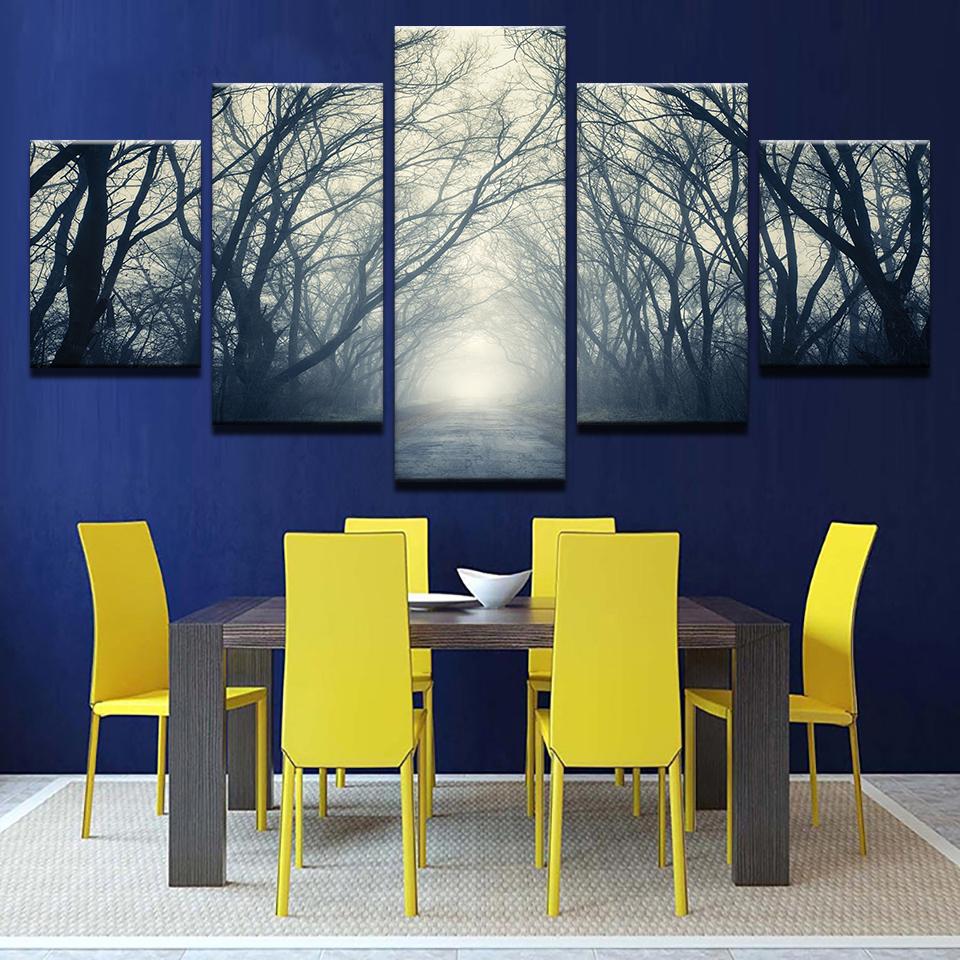 5 Piece Wall Art Canvas Paintes Forest Trail Morning Mist Landscape Paintings Trees Poster  For Home Living Room Decoration No Frame