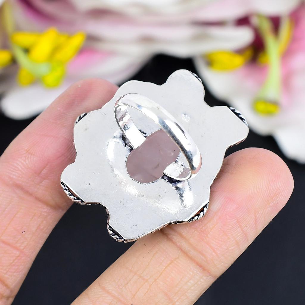 Rose Quartz Gemstone Handmade 925 Sterling Silver Jewelry Ring Size 10 KG-1699