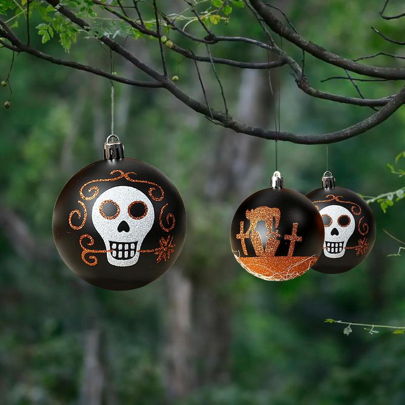 Halloween Kulor Ornament 9X Återanvändbar PVC Halloween Dekorationskula Set 3.14in Okrossbar Färgglad Dödskallemönster Ornament
