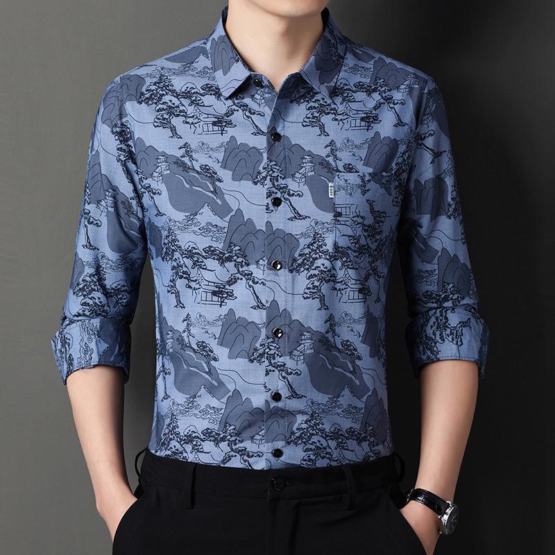 

Весенне-осенняя новая тонкая рубашка с длинными рукавами с принтом, повседневная свободная мужская рубашка для молодежи и среднего возраста XXXXL