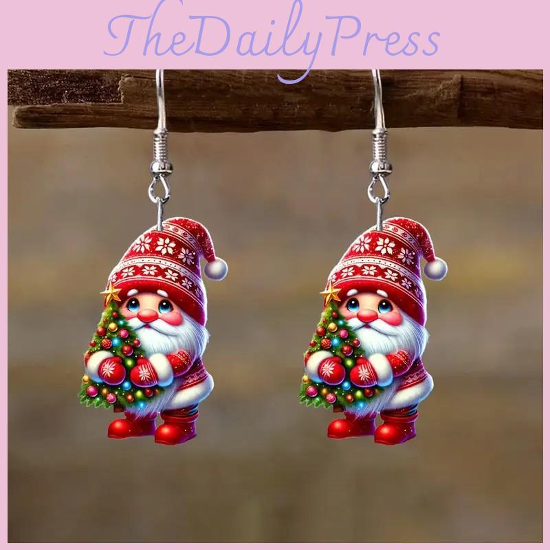 Christmas Themed Santa Claus Holding Tree Pattern Women Acrylic Earrings For Festive Holiday Party Wear