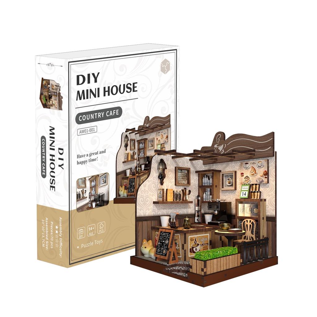 QmXCyzl Wooden DIY Dollhouse Kit, Miniature 3D Bookstand, Holiday Gift, Architectural Scenario (Countryside Cafe)