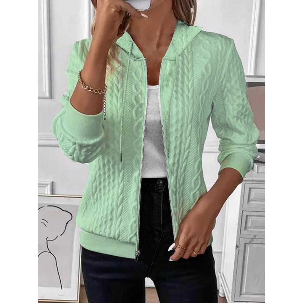 Dámská ležérní bunda, výstřih do V, dlouhý rukáv na zip, zapínání vpředu, jednobarevná bunda, bunda na zip