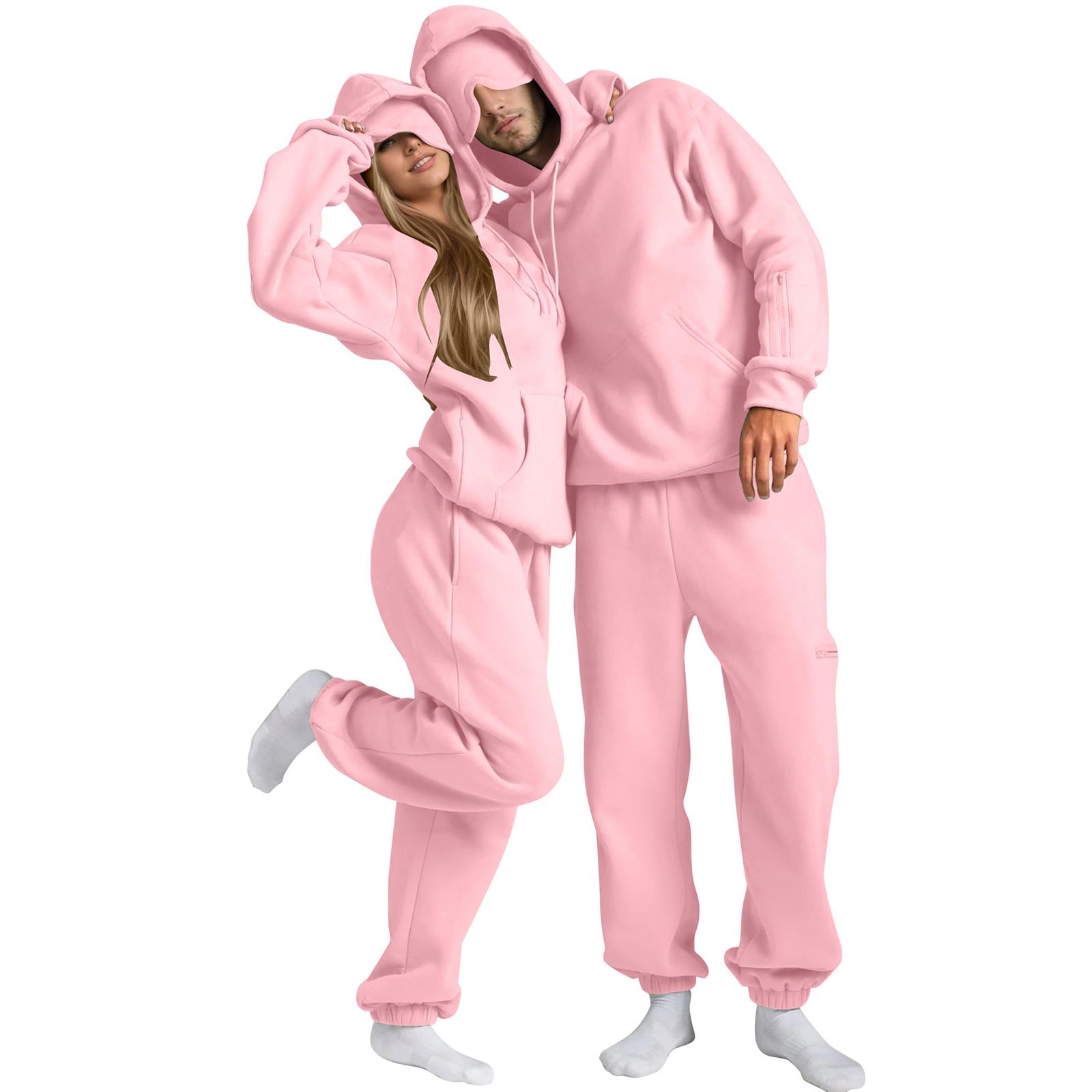 

Unisex Fashion Solid Color Flight Mode Travel Hoodie Sports Shirt With Built In Eye Mask Sports Pants Loose 2-piece Set XXL розовый