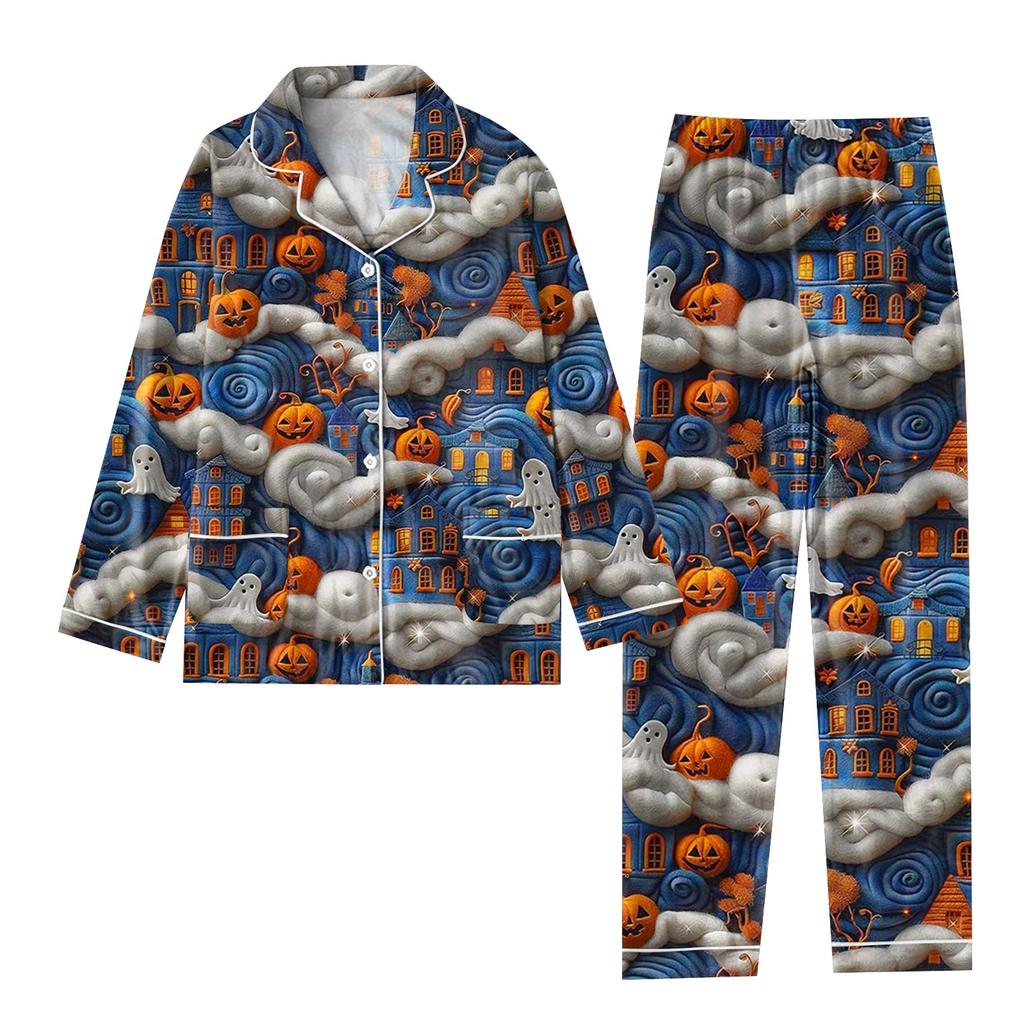 2-teiliger bedruckter Damen-Anzug, langärmelig, Oberteil mit Knopfleiste, weite Hosen, Anzug-Set, Schlafanzug, Home-Casual-Anzug