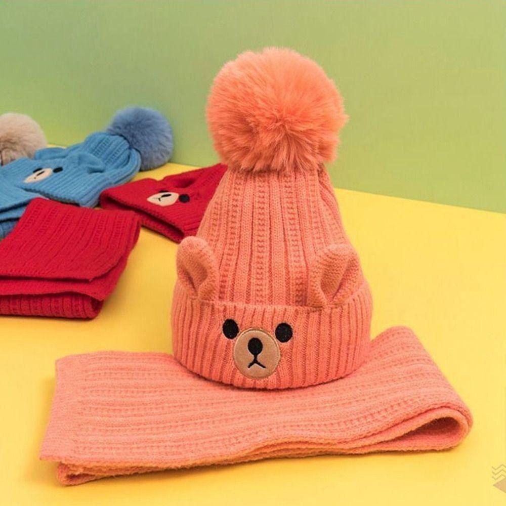 Cartoon Wool Beanie Knitting Warm Knitted Cap All-match Bear Children Scarf Hat Set  Baby