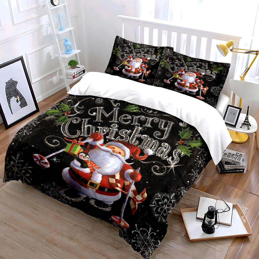 Santa Skiing Merry Christmas Bedding Duvet Cover Set Duvet Cover Pillowcases  (1*Duvet Cover 2*Pillowcases, without duvet insert)