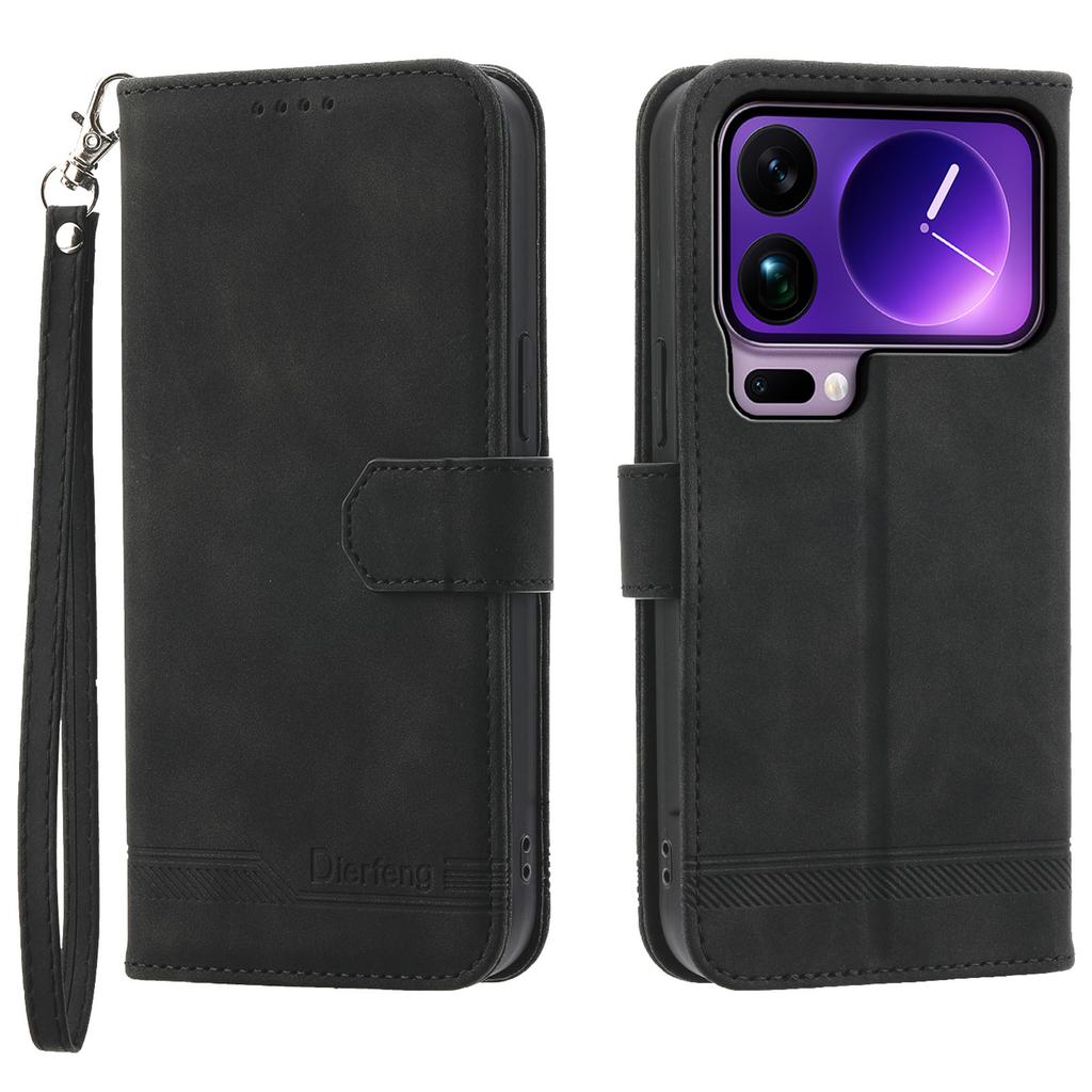 DIERFENG DF-03 For Xiaomi 17 Pro Max Case Lines Imprint Wallet Leather Phone Cover with Wrist Strap