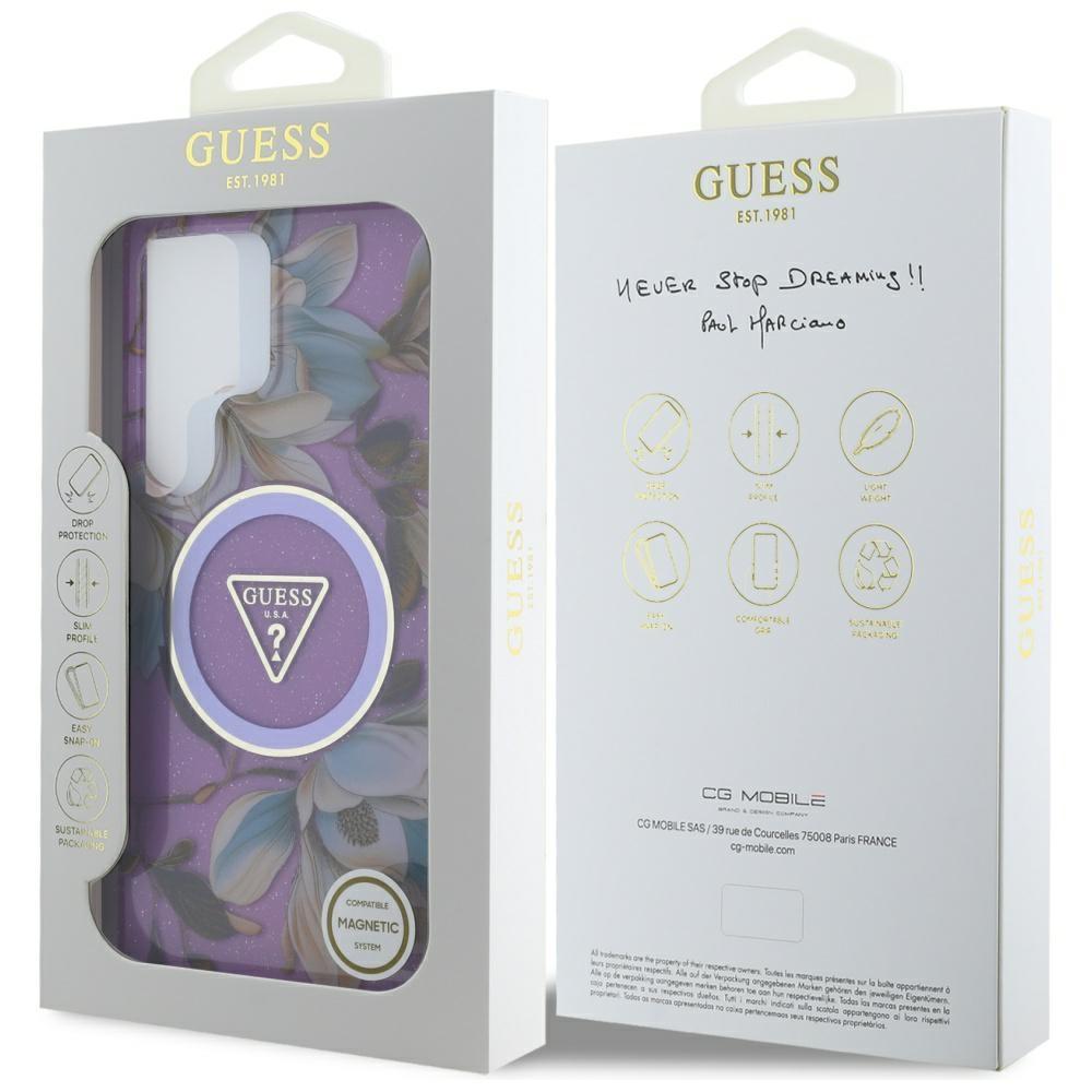 Guess Glitter Flowers Triangle Buttons Magsafe Case For Samsung Galaxy S25 Ultra Purple