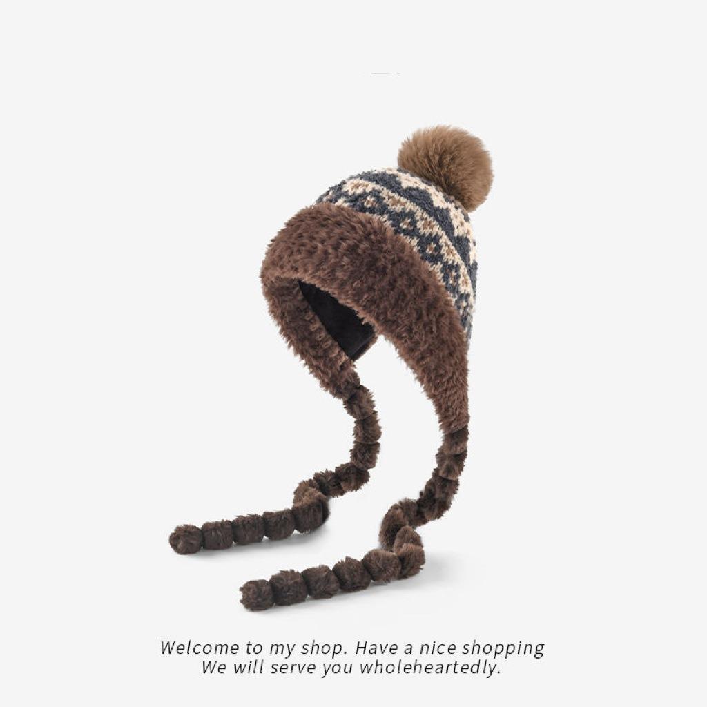 Winter Fair Isle Tie-Up Fleece-Lined Earflap Hat Thickened Warmth Winter-Proof Elegant Casual Knit Beanie Geometric Common коричневый