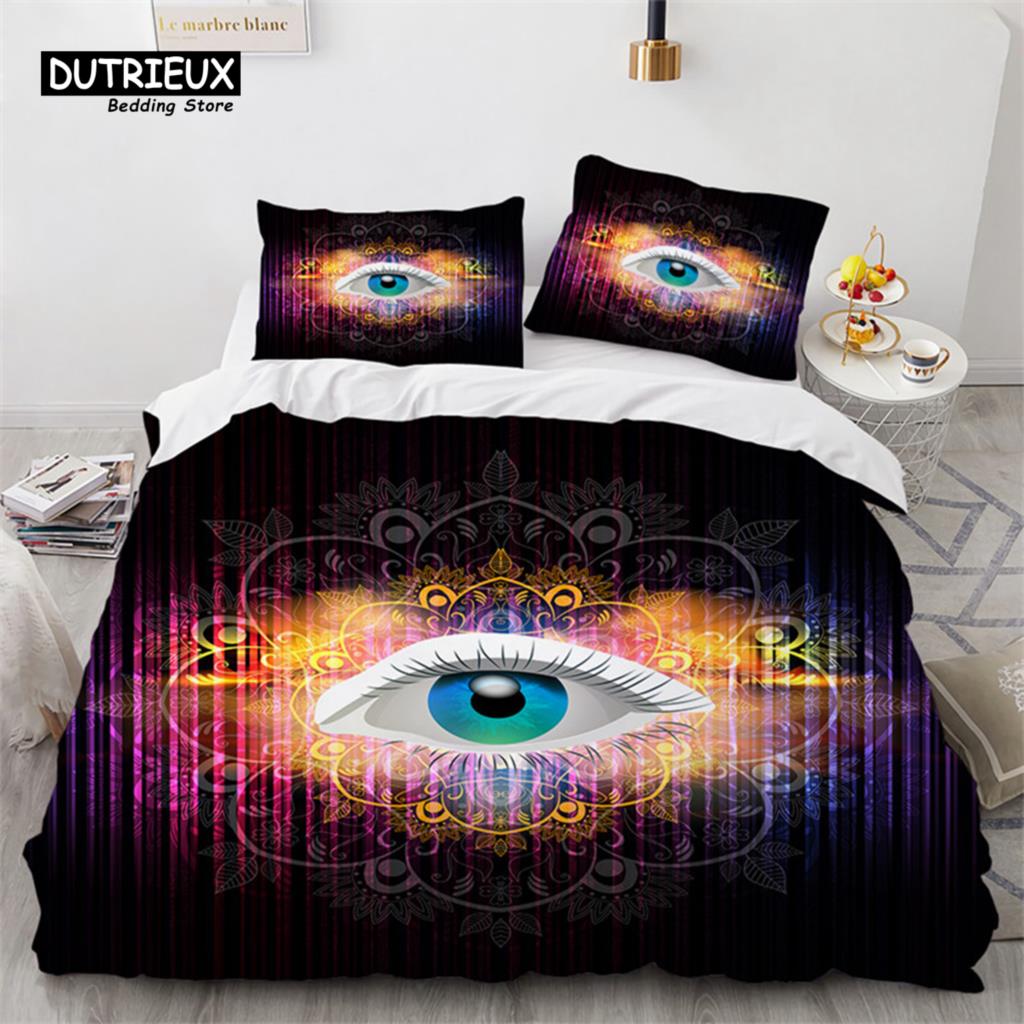 3D Barevný Oči Povlak na přikrývku Mikrovlákno Vintage Vševidoucí oko Tetování Povlak na přikrývku Boho Mandala Ložní souprava Plná Jednolůžková King Size