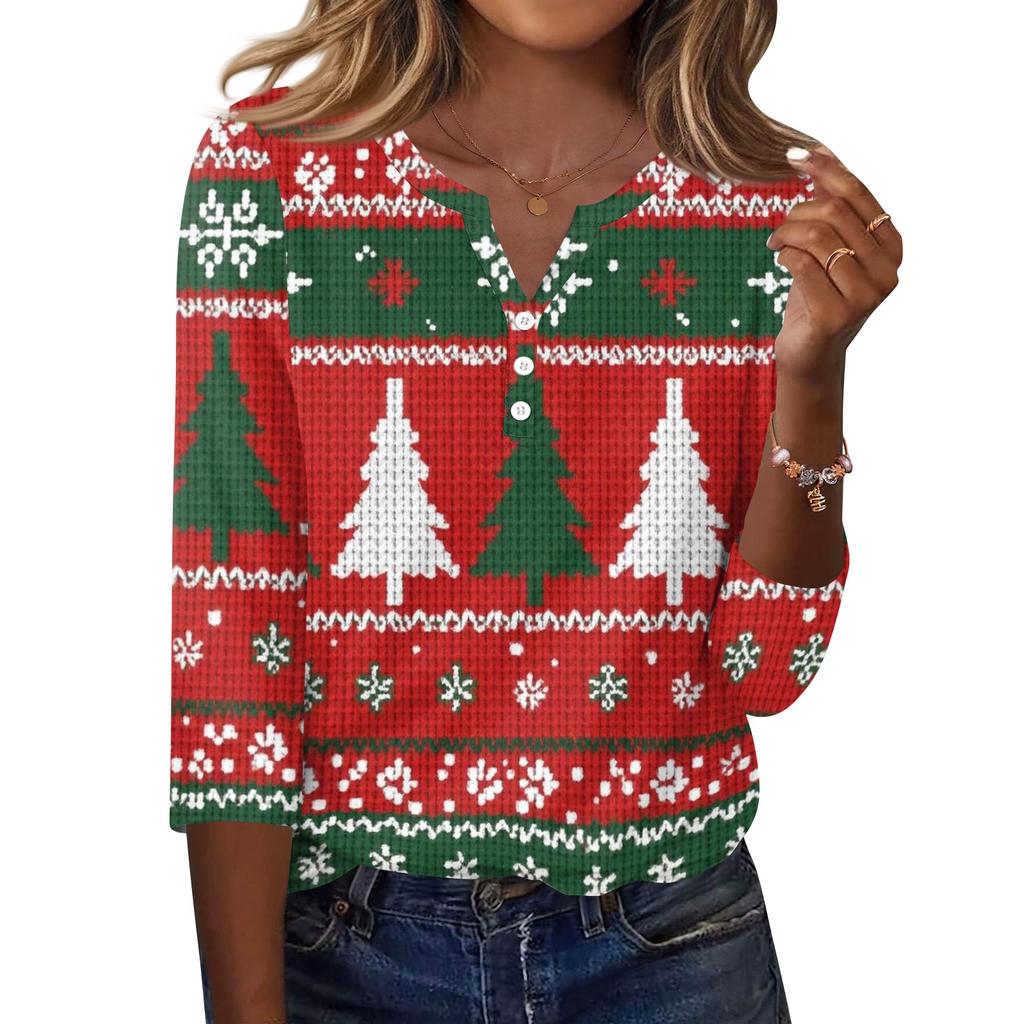 Women's Christmas Print V-Neck Three-Quarter Sleeve T-Shirt with Button Casual Holiday Top