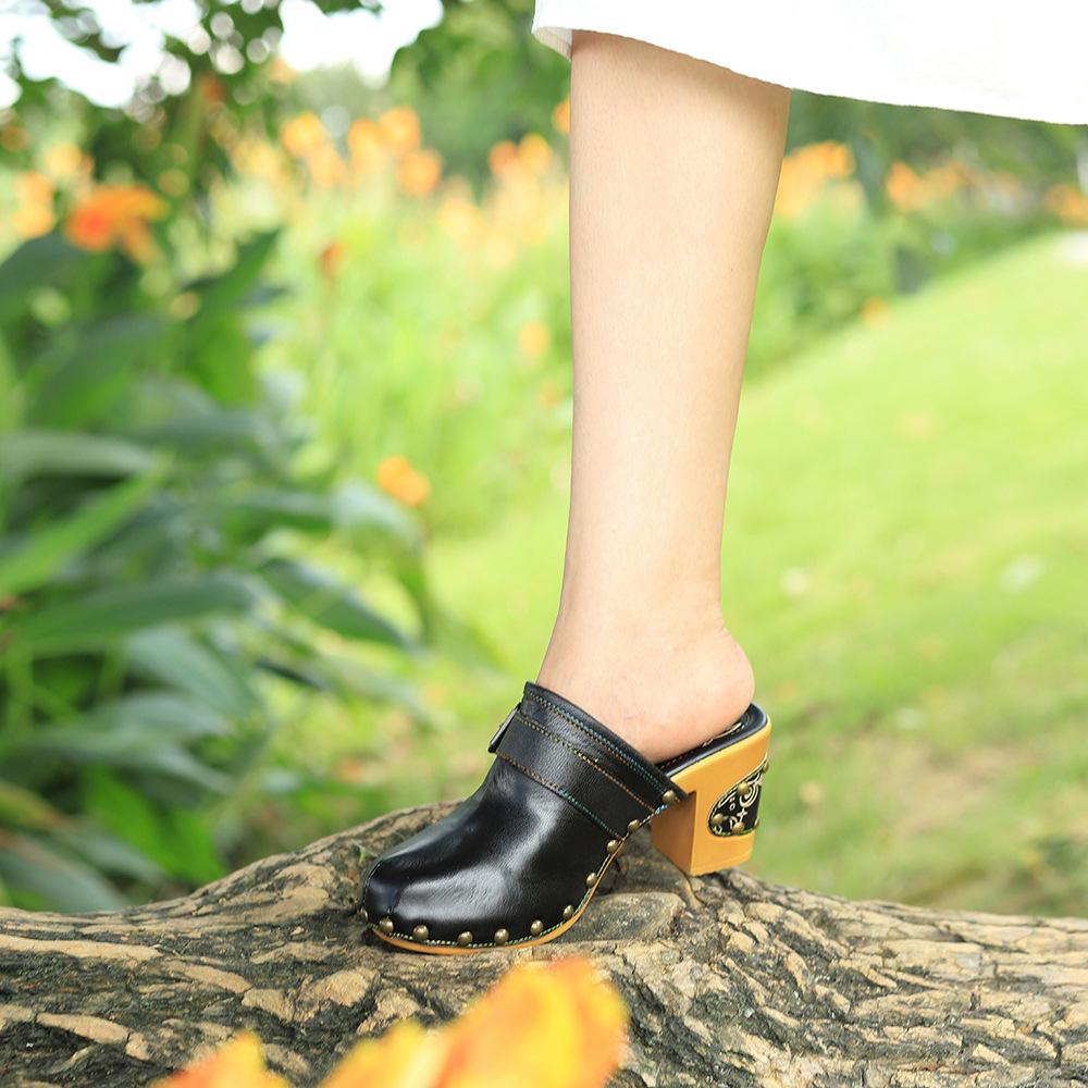 Pantofi de damă Sandale din piele naturală pantofi cu toc înalt pictați manual retro, la modă și elegante, în relief