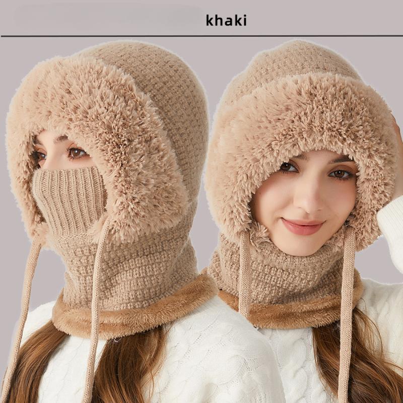 One-piece hat plus velvet thickened face-covering knitted hat, bib, mask, warmth kit