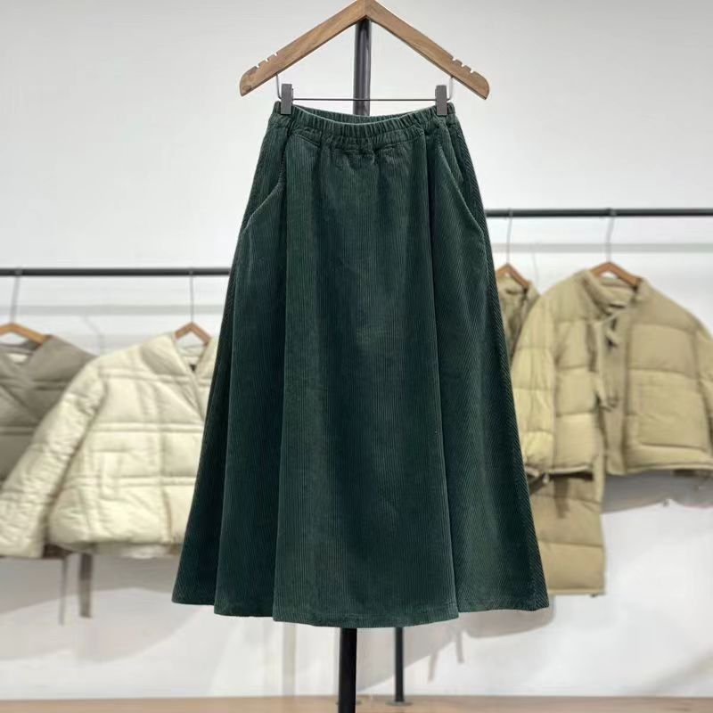 Autumn Winter Thick Corduroy Solid Loose Slimming Artistic Casual Flared Skirt Women