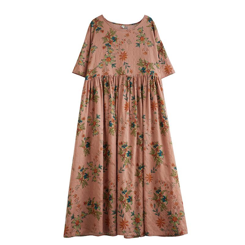 Short Sleeve Plus Size Cotton Vintage Floral New In Dresses for Women Casual Loose Long Summer Dress