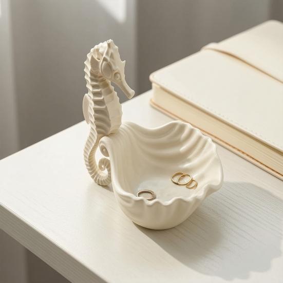 3D Printed Sea Horse Jewelry Display Stand with Shell Matte White Dual-Use Ornament