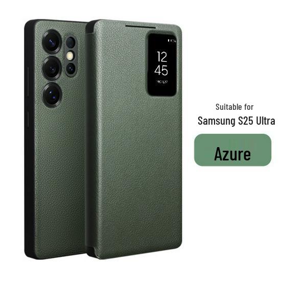 

Чехол-книжка Chali из натуральной кожи с умным окном для Samsung S25 Ultra небесно-голубой