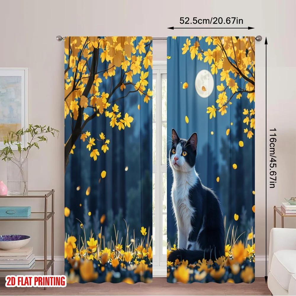Set Of 2 Flat Printing Window Treatment Curtains Cats Staring Quiet Moonlight Polyester Fabric Without Electricity Festive Curtain