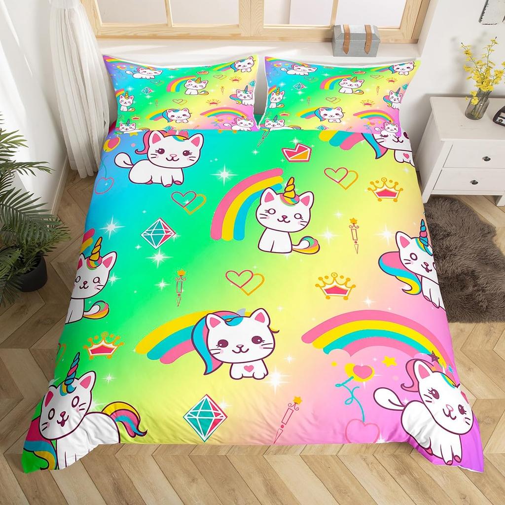 Rainbow Cat Duvet Covers For Kids Teens Girls Queen Lightweight Bedspread Cover Room Decor Kawaii Rainbow Ombre Cats Bedding Set
