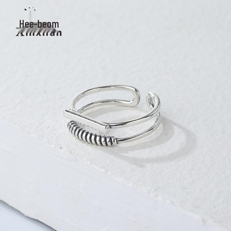 

S925 Sterling Silver Double Layer Adjustable Vintage Ring for Women - Oxidized Cold Style Korean & Thai Design Open Adjustable