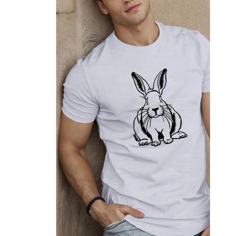 European Sizes Men's Polyester Crew Neck T-Shirt with Geometric Rabbit Print, Casual Summer Knit Fabric Top with Slight Stretch, Regular Fit