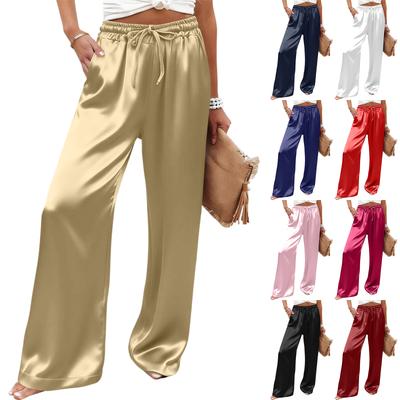 Women’s Wide Leg Satin Pants High Waist Drawstring Loose Fit Lightweight Trousers for Casual and Lounge Wear