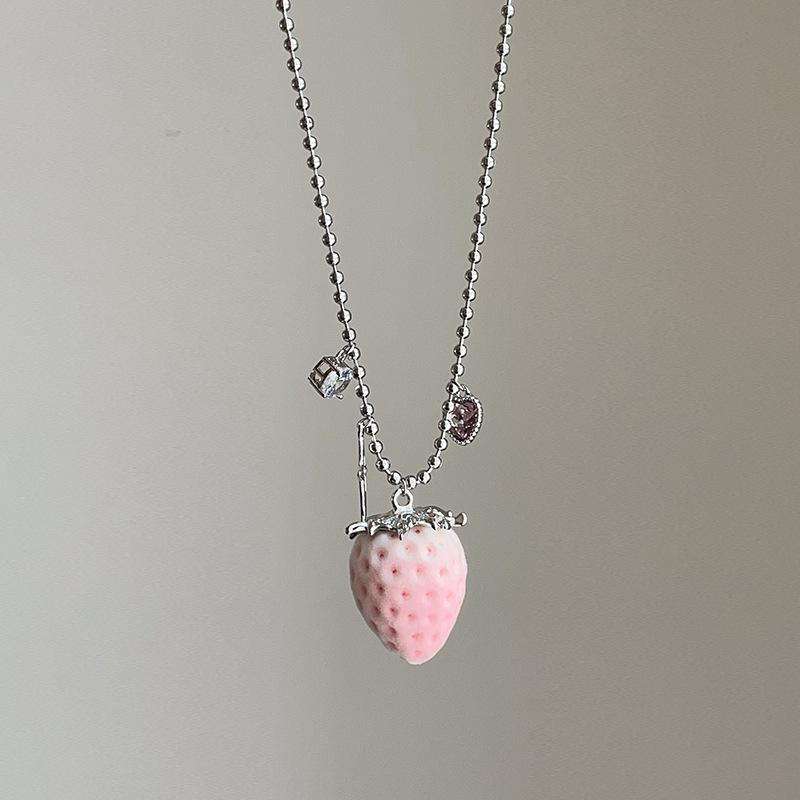 Flocking Pink Strawberry Pendant Necklace Women s Exaggerated Fashion Trend Pearl Zircon Sweater Chain