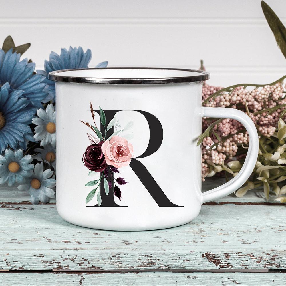 Alphabet Blumen A-Z Vintage Emaille Kaffee Tee Tassen Urlaub Camping Getränke Saft Bier Tassen Zuhause Büro Milch Tasse Geburtstagsgeschenke