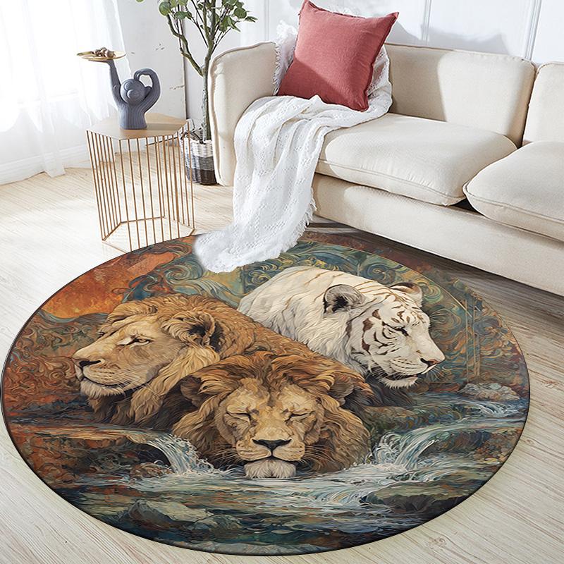 Lions Round Area Rug,Carpet Rug for Living Room Bedroom Sofa Playroom Decor,Non-slip Floor Mat
